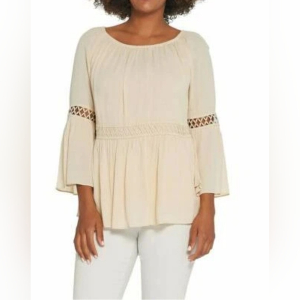 Du Jour Cream Peasant Blouse with Crochet Trim